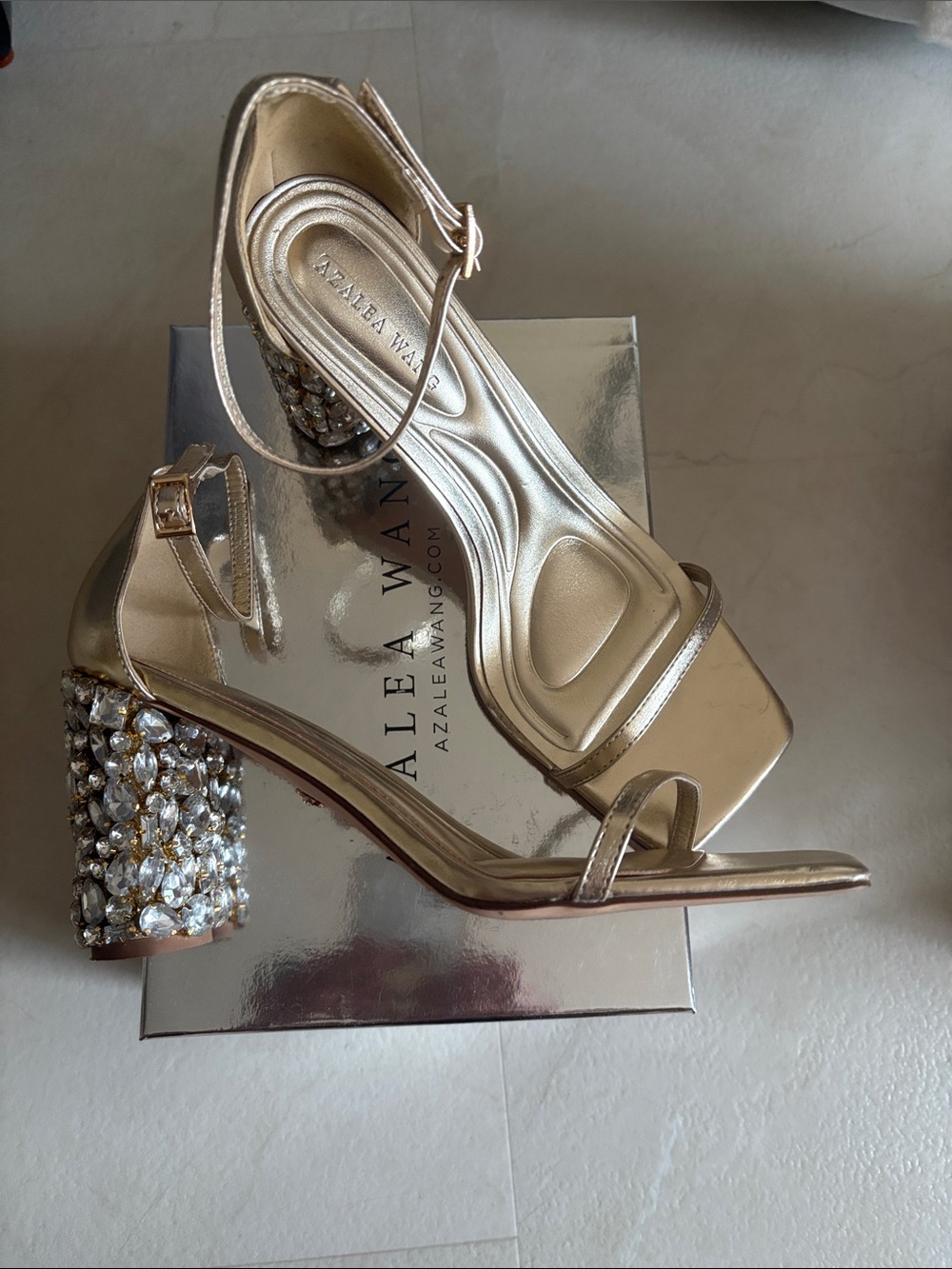 Azalea Wang Metallic Gold Crystal Block Heel Sandals